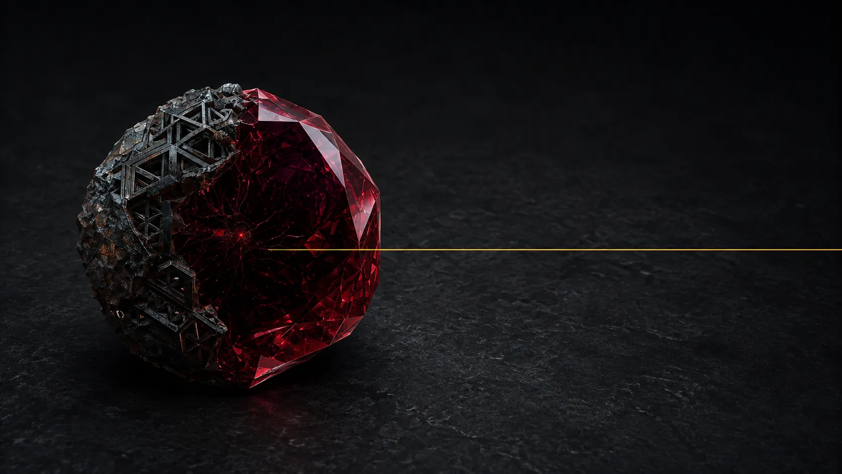 An oxidized structural lattice fused with a dark cut garnet; a dim central ember meets a single gold evidence line that runs to the edge of the frame.